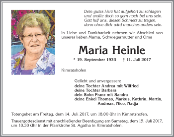 Traueranzeige von Maria Heinle von Allgäuer Zeitung,Kempten