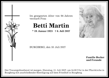 Traueranzeige von Betti Martin von Allgäuer Anzeigeblatt