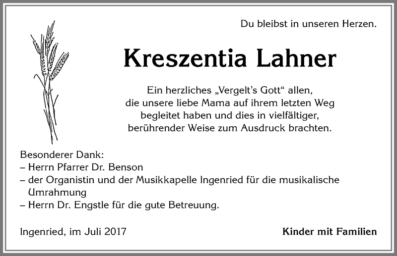  Traueranzeige für Kreszentia Lahner vom 15.07.2017 aus Allgäuer Zeitung, Kaufbeuren/Buchloe