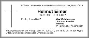 Traueranzeige von Helmut Eimer von Memminger Zeitung