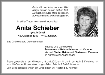 Traueranzeige von Anita Schieber von Memminger Zeitung