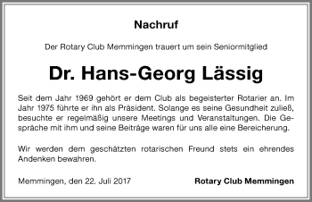 Traueranzeige von Hans-Georg Lässig von Memminger Zeitung