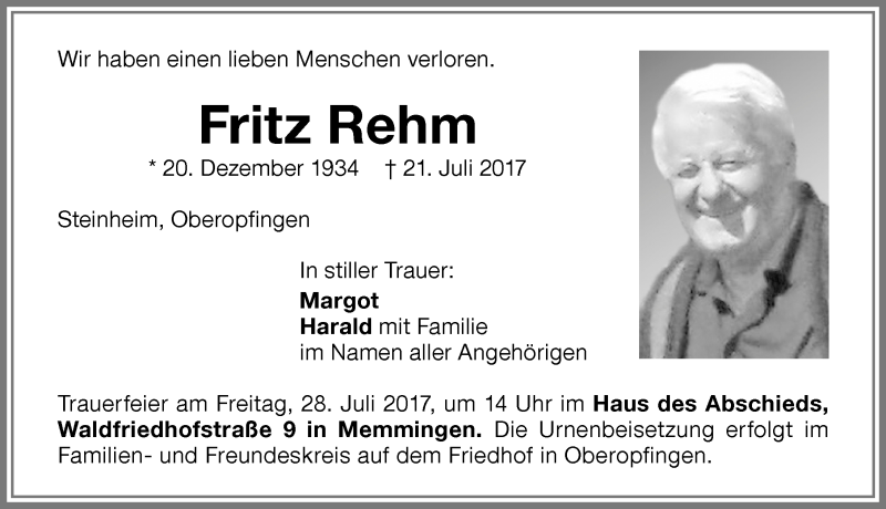  Traueranzeige für Fritz Rehm vom 26.07.2017 aus Memminger Zeitung