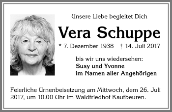 Traueranzeige von Vera Schuppe von Allgäuer Zeitung, Kaufbeuren/Buchloe