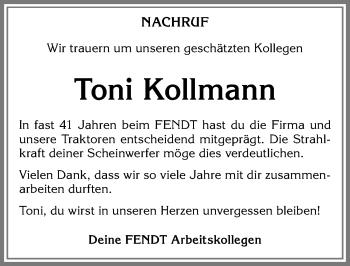 Traueranzeige von Toni Kollmann von Allgäuer Zeitung, Marktoberdorf