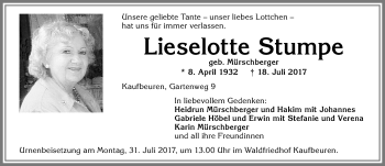 Traueranzeige von Lieselotte Stumpe von Allgäuer Zeitung, Kaufbeuren/Buchloe