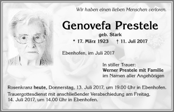 Traueranzeige von Genovefa Prestele von Allgäuer Zeitung, Marktoberdorf