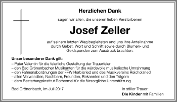 Traueranzeige von Josef Zeller von Memminger Zeitung
