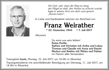 Traueranzeige von Franz Weirather von Allgäuer Zeitung,Kempten