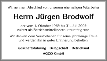 Traueranzeige von Jürgen Brodwolf von Allgäuer Zeitung, Marktoberdorf