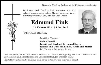 Traueranzeige von Edmund Fink von Allgäuer Anzeigeblatt