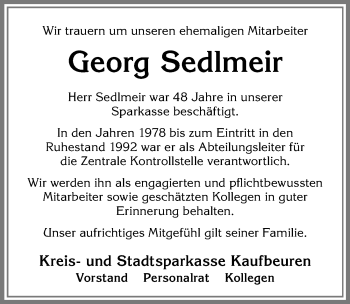Traueranzeige von Georg Sedlmeir von Allgäuer Zeitung, Kaufbeuren/Buchloe