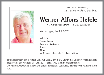 Traueranzeige von Werner Alfons Hefele von Memminger Zeitung