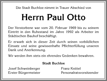 Traueranzeige von Paul Otto von Allgäuer Zeitung, Kaufbeuren/Buchloe