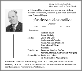 Traueranzeige von Andreas Berkmiller von Allgäuer Zeitung, Füssen