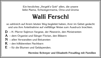 Traueranzeige von Walli Ferschl von Allgäuer Zeitung, Marktoberdorf