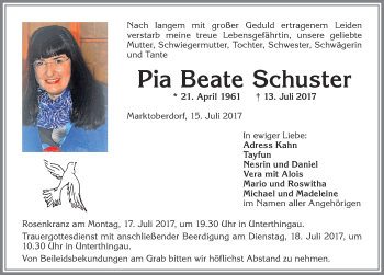 Traueranzeige von Pia Beate Schuster von Allgäuer Zeitung, Marktoberdorf