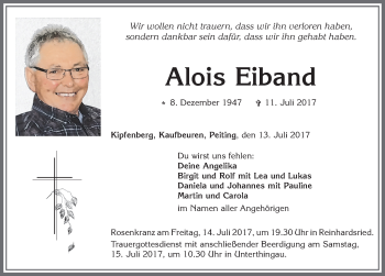 Traueranzeige von Alois Eiband von Allgäuer Zeitung, Marktoberdorf