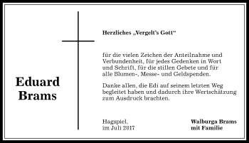 Traueranzeige von Eduard Brams von Allgäuer Anzeigeblatt