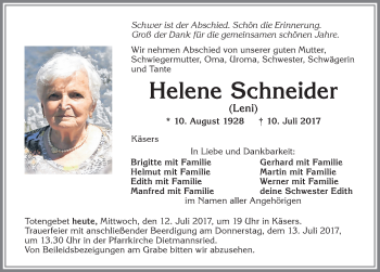 Traueranzeige von Helene Schneider von Allgäuer Zeitung,Kempten