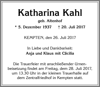 Traueranzeige von Katharina Kahl von Allgäuer Zeitung,Kempten