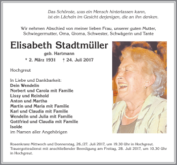 Traueranzeige von Elisabeth Stadtmüller von Allgäuer Zeitung