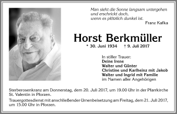Traueranzeige von Horst Berkmüller von Allgäuer Zeitung, Kaufbeuren/Buchloe