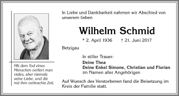 Traueranzeige von Wilhelm Schmid von Allgäuer Zeitung,Kempten