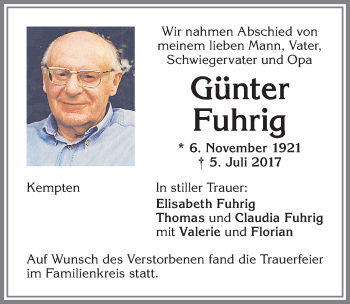 Traueranzeige von Günter Fuhrig von Allgäuer Zeitung,Kempten