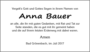 Traueranzeige von Anna Bauer von Allgäuer Zeitung,Kempten