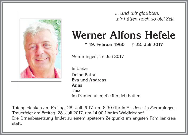  Traueranzeige für Werner Alfons Hefele vom 27.07.2017 aus Memminger Zeitung