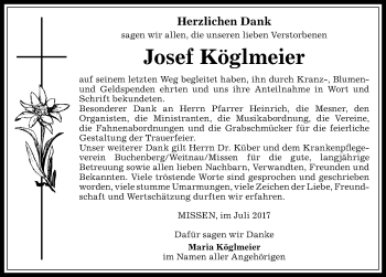 Traueranzeige von Josef Köglmeier von Allgäuer Anzeigeblatt