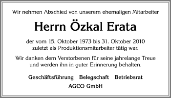 Traueranzeige von Özkal Erata von Allgäuer Zeitung, Marktoberdorf