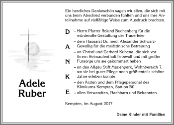 Traueranzeige von Adele Ruber von Allgäuer Zeitung,Kempten