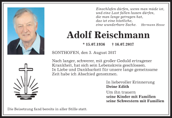 Traueranzeige von Adolf Reischmann von Allgäuer Anzeigeblatt