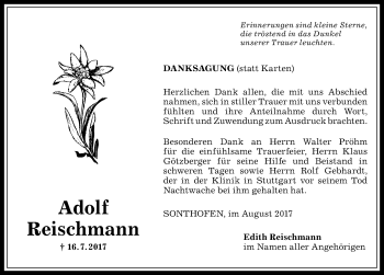 Traueranzeige von Adolf Reischmann von Allgäuer Anzeigeblatt