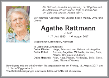 Traueranzeige von Agathe Rattmann von Allgäuer Zeitung,Kempten