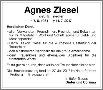 Traueranzeige von Agnes Ziesel von Memminger Zeitung