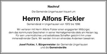 Traueranzeige von Alfons Fickler von Memminger Zeitung