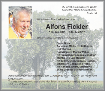 Traueranzeige von Alfons Fickler von Memminger Zeitung