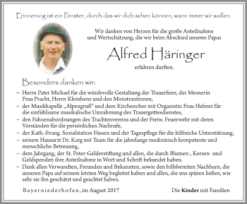 Traueranzeige von Alfred Häringer von Allgäuer Zeitung, Füssen