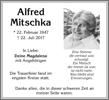 Traueranzeige von Alfred Mitschka von Allgäuer Zeitung,Kempten