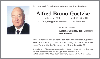 Traueranzeige von Alfred Bruno Goetzke von Allgäuer Zeitung,Kempten