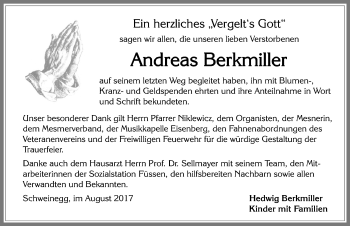 Traueranzeige von Andreas Berkmiller von Allgäuer Zeitung, Füssen