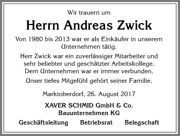 Traueranzeige von Andreas Zwick von Allgäuer Zeitung, Marktoberdorf