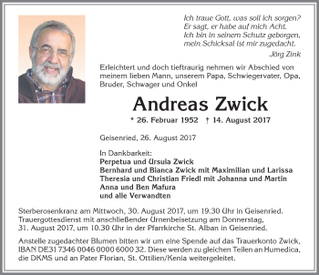 Traueranzeige von Andreas Zwick von Allgäuer Zeitung, Marktoberdorf