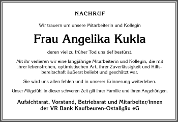 Traueranzeige von Angelika Kukla von Allgäuer Zeitung, Kaufbeuren/Buchloe