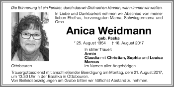 Traueranzeige von Anica Weidmann von Memminger Zeitung