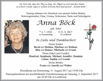 Traueranzeige von Anna Böck von Allgäuer Zeitung, Füssen