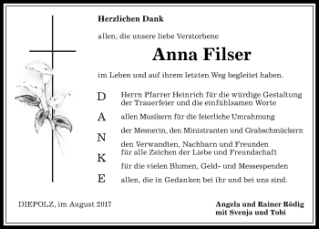 Traueranzeige von Anna Filser von Allgäuer Anzeigeblatt